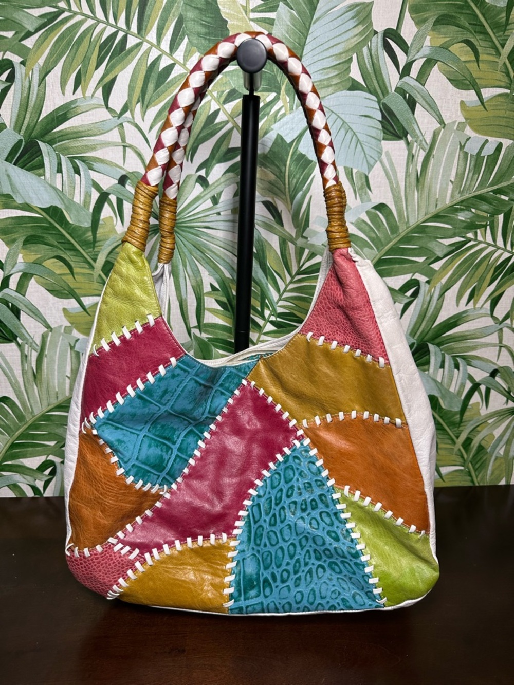 Vintage Boho Genuine Leather Patchwork Multicolor Multitexture Shoulder Hobo Bag
